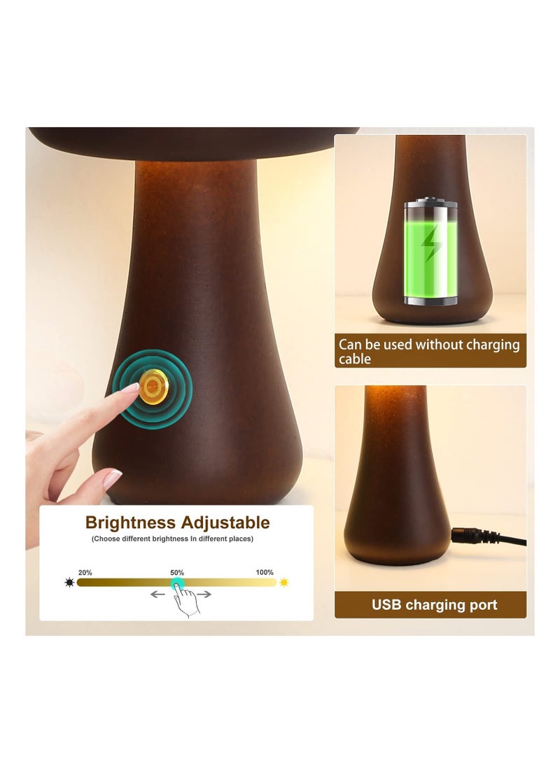 Captaintech Bedroom Mushroom Lamp with USB Charging, Walnut Dimmable Bedside Lamp Cordless Wooden Nightlight Mushroom Shaped Bedroom Lamp Wooden Nightlight Table Lamp Portable Bedside Lamp for Home Decor - Image 2