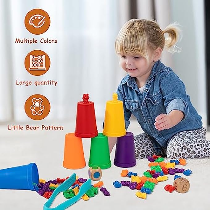 MONTESSORI CHILDREN'S TOY, 71 PIECES BEARS COUNTING COLOUR RECOGNITION SORTING GAME MATH EDUCATIONAL TOY WITH MATCHING CUPS AND TWEEZERS FOR GIRLS BOYS FROM 3 4 5 YEARS - Image 3