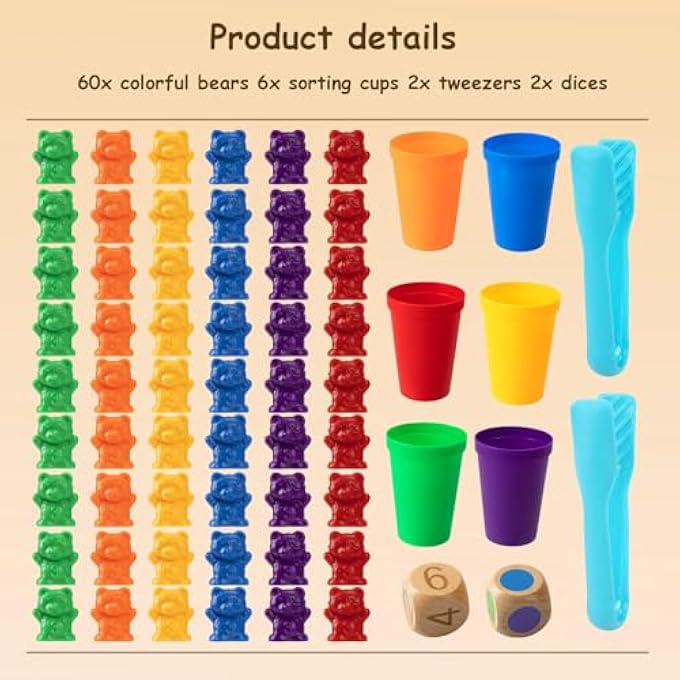 MONTESSORI CHILDREN'S TOY, 71 PIECES BEARS COUNTING COLOUR RECOGNITION SORTING GAME MATH EDUCATIONAL TOY WITH MATCHING CUPS AND TWEEZERS FOR GIRLS BOYS FROM 3 4 5 YEARS - Image 5