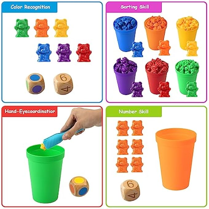 MONTESSORI CHILDREN'S TOY, 71 PIECES BEARS COUNTING COLOUR RECOGNITION SORTING GAME MATH EDUCATIONAL TOY WITH MATCHING CUPS AND TWEEZERS FOR GIRLS BOYS FROM 3 4 5 YEARS - Image 4