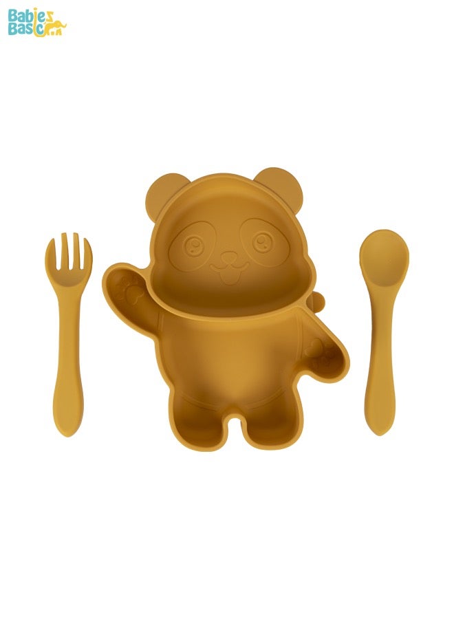 بابيز_بيسك مجموعة تغذية، 3 قطع، مجموعة سيليكون للتغذية الذاتية، سهلة الامساك، طبق سيليكون بوظيفة الشفط مع ملعقة وشوكة سيليكون. - Image 1
