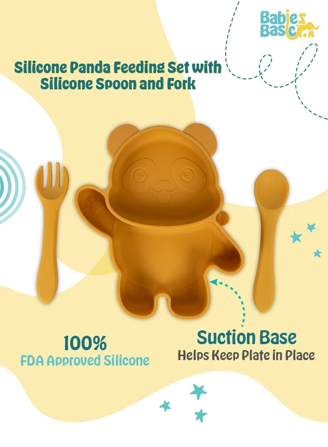 Babies Basic Feeding Set, 3 Piece, Silicone Set For Self Feeding, Learning & Fine Motor Skills Soft, Easy To Grip,Silicone Suction Plate With Silicone Spoon And Fork- Yellow