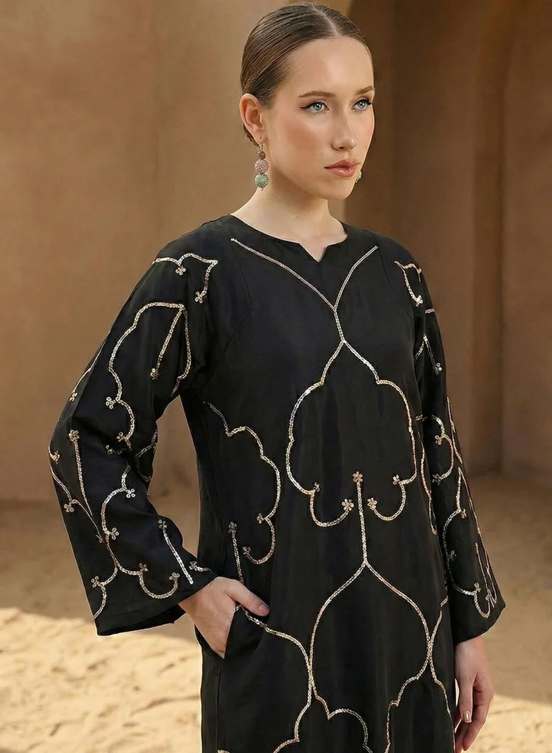 آي شين Black Poly Embroidered Straight Fit Tunic & Full Length Palazzo Kurta Set For Women