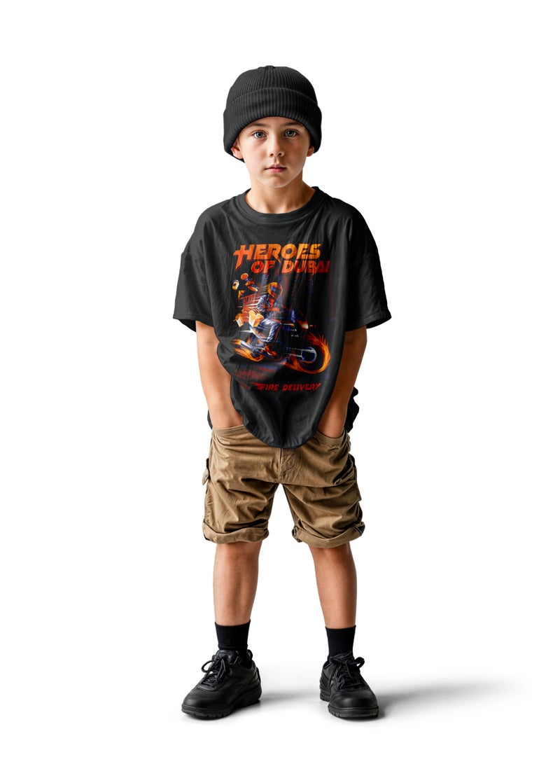 همبلكات تي شيرت للأولاد من هيرو أوف دبي تصميم ديزرت رايدر بطباعة جرافيك كاجوال باللون الأسود مصنوع من قطن فاخر 100% إصدار حصري وهدية تذكارية - Image 3