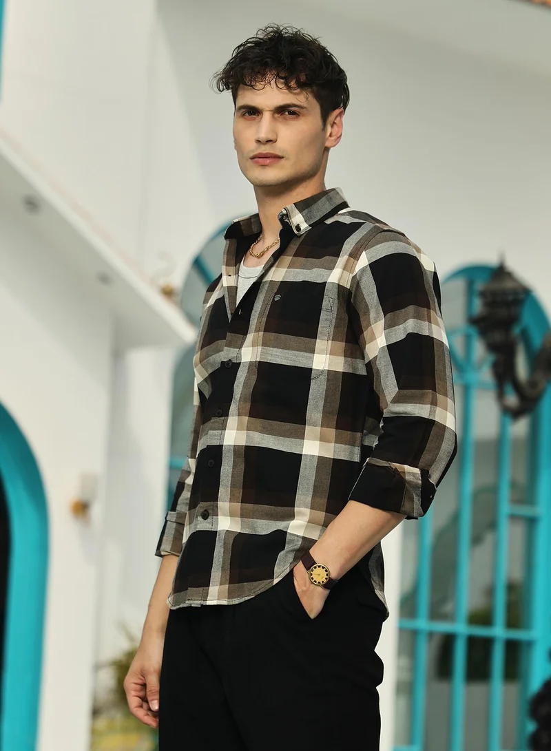 CAHOOT  Men's Onyx Black & Saltbox Beige Pixelated-Check Relaxed Shirt for Men | Best Price UAE