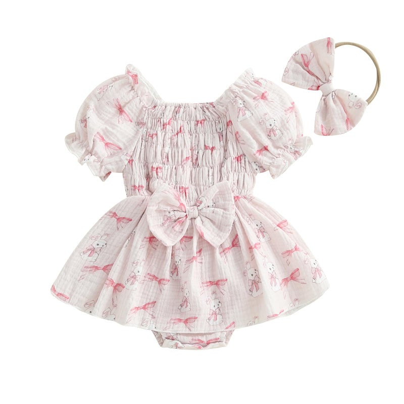 Lamuusaa Newborn Baby Girl Easter Outfit Smocked Bunny/Carrot Romper Cotton Linen Bodysuit Headband Summer Clothes 0-18M (Pink, 0-3 Months) - Image 1