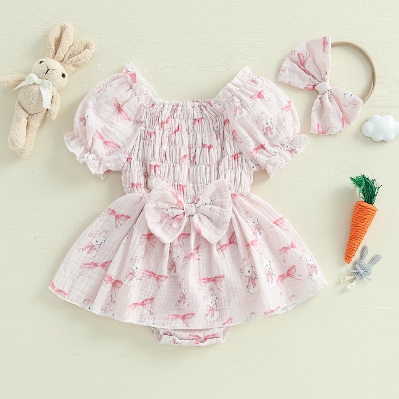 Lamuusaa Newborn Baby Girl Easter Outfit Smocked Bunny/Carrot Romper Cotton Linen Bodysuit Headband Summer Clothes 0-18M (Pink, 0-3 Months) - Image 2