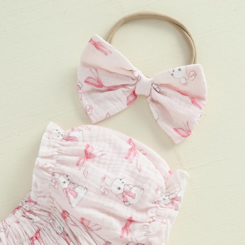 Lamuusaa Newborn Baby Girl Easter Outfit Smocked Bunny/Carrot Romper Cotton Linen Bodysuit Headband Summer Clothes 0-18M (Pink, 0-3 Months) - Image 3