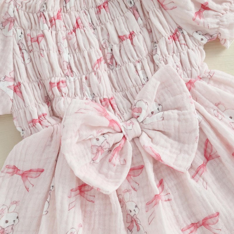 Lamuusaa Newborn Baby Girl Easter Outfit Smocked Bunny/Carrot Romper Cotton Linen Bodysuit Headband Summer Clothes 0-18M (Pink, 0-3 Months) - Image 4