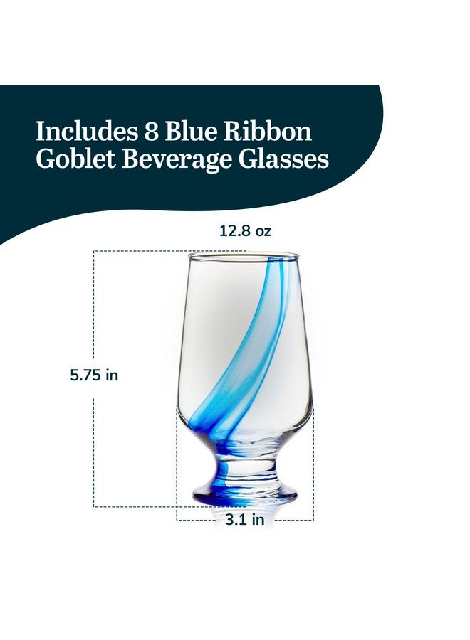LIBBEY Libbey Blue Ribbon Goblet Glasses, Unique Blue Water Goblets Set of 8, Thick Stemmed Water Glasses for Sodas & Cocktails - Image 3