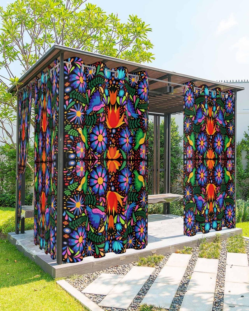 EZON-CH EZONCH Outdoor Curtain for Patio Waterproof Colorful Mexico Style Abstract Flower Floral Leaves Bird Windows Curtains Panels Outside Drapes for Living RoomPergolaGardenBalcony 54 W x 84 L x 2 - Image 2