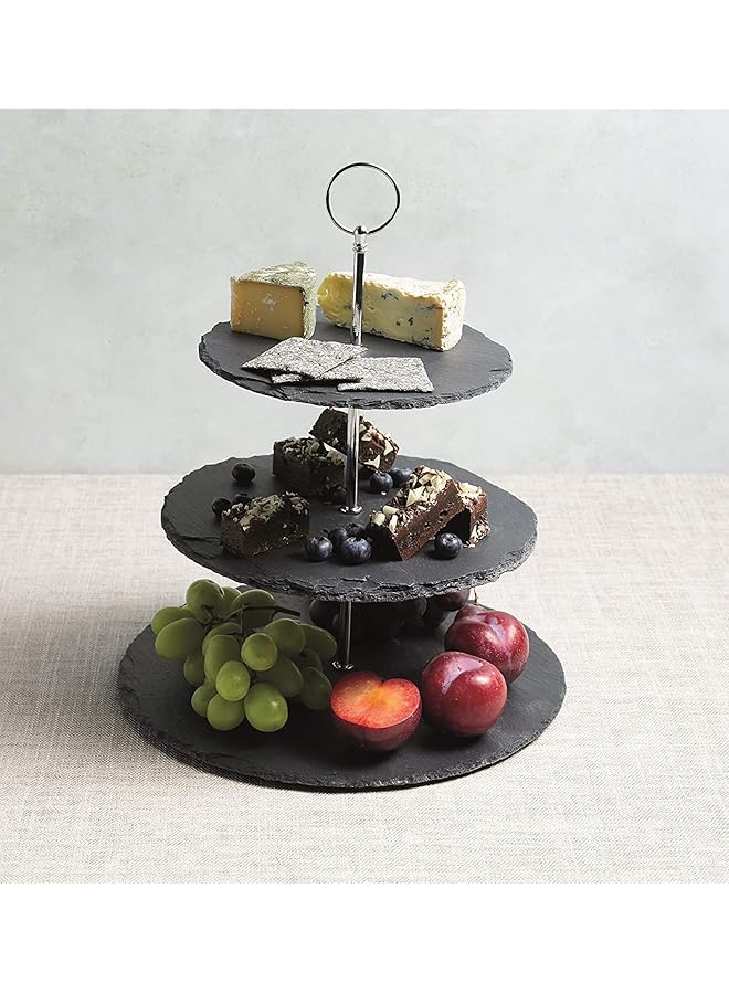 Lushh Natural Black Stone 3 Tier Round Slate Cake Stand With Chrome Carry Loop, Dessert Serving Stand Perfect For Afternoon Tea Wedding Plates Party Tableware Display - Image 4