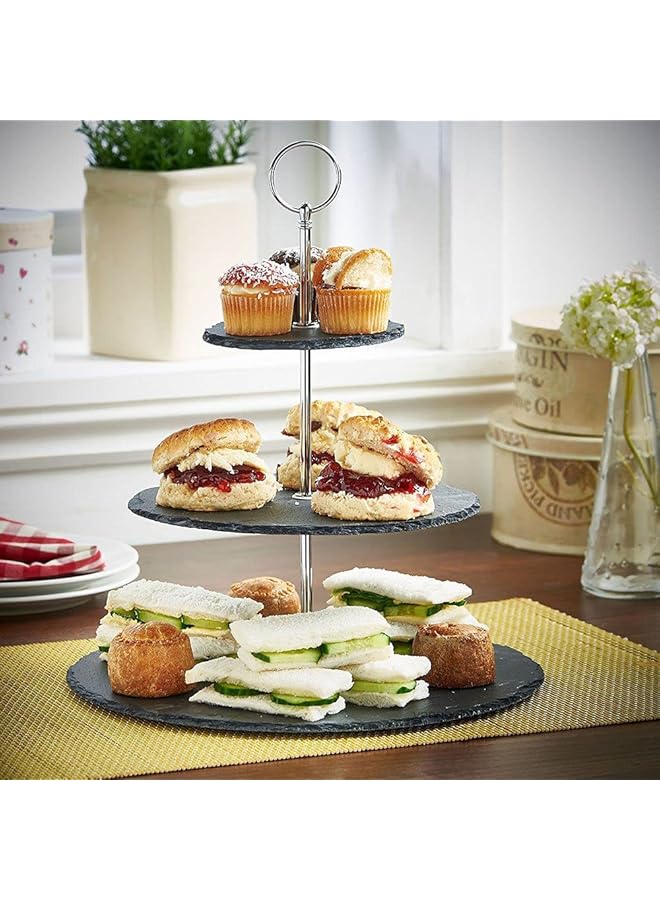 Lushh Natural Black Stone 3 Tier Round Slate Cake Stand With Chrome Carry Loop, Dessert Serving Stand Perfect For Afternoon Tea Wedding Plates Party Tableware Display - Image 2