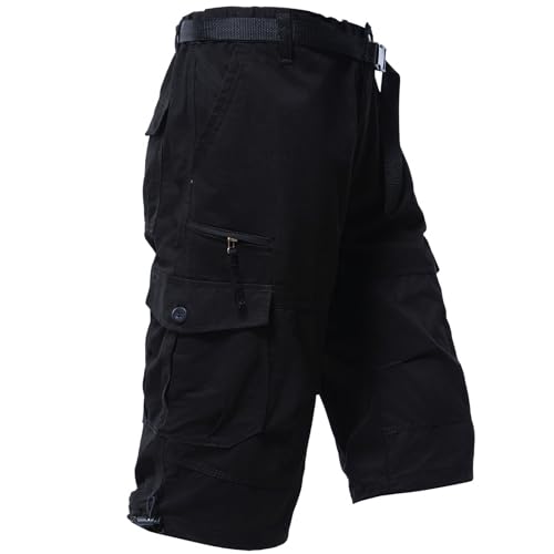 Mylldey Men's Cargo Shorts 3/4 Relaxed Fit Mens Running Shorts 7 Pockets Elastic Waist Cotton Hiking Shorts (Black, L) - Image 2