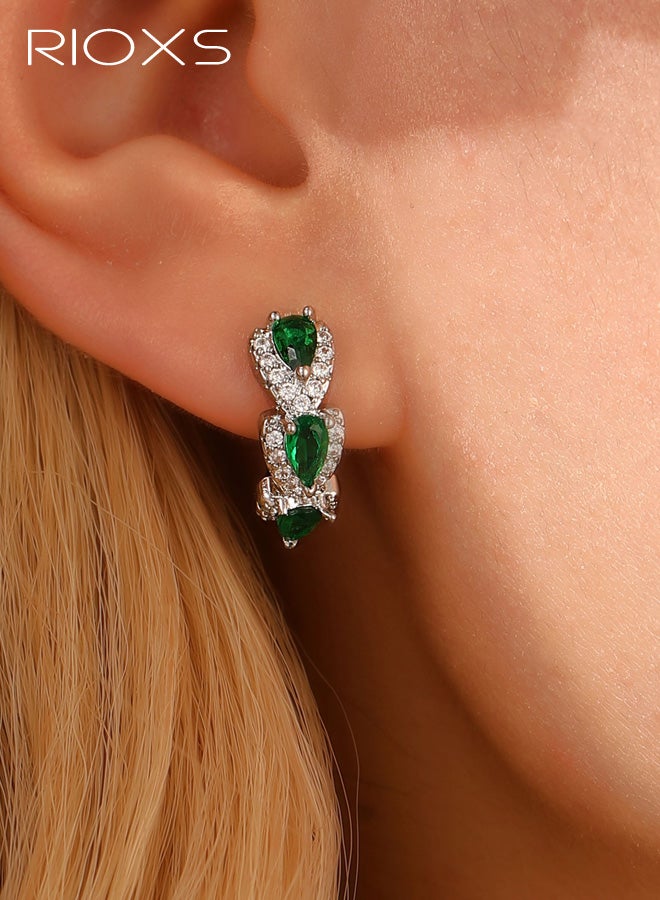 RIOXS Womens Rhinestone Hoop Earrings, Small Hoops Earrings 18K White Gold Plated Green Cubic Zirconia Hinged Sleeper Tiny Hoop Earrings Trendy Jewelry for Prom Party Dating Anniversary - Image 2