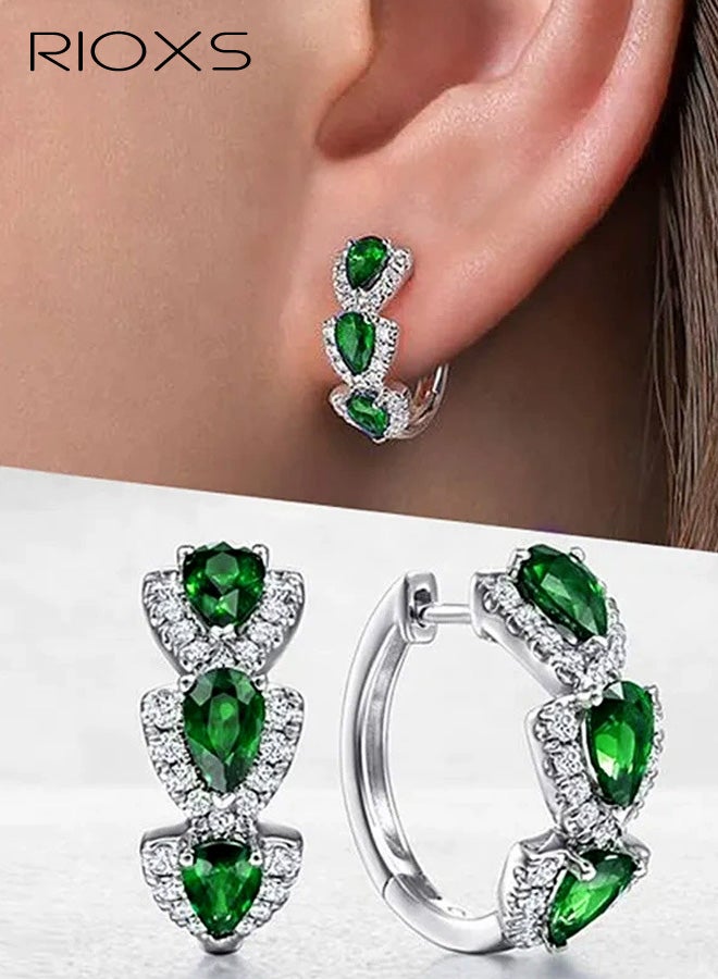 RIOXS Womens Rhinestone Hoop Earrings, Small Hoops Earrings 18K White Gold Plated Green Cubic Zirconia Hinged Sleeper Tiny Hoop Earrings Trendy Jewelry for Prom Party Dating Anniversary - Image 1
