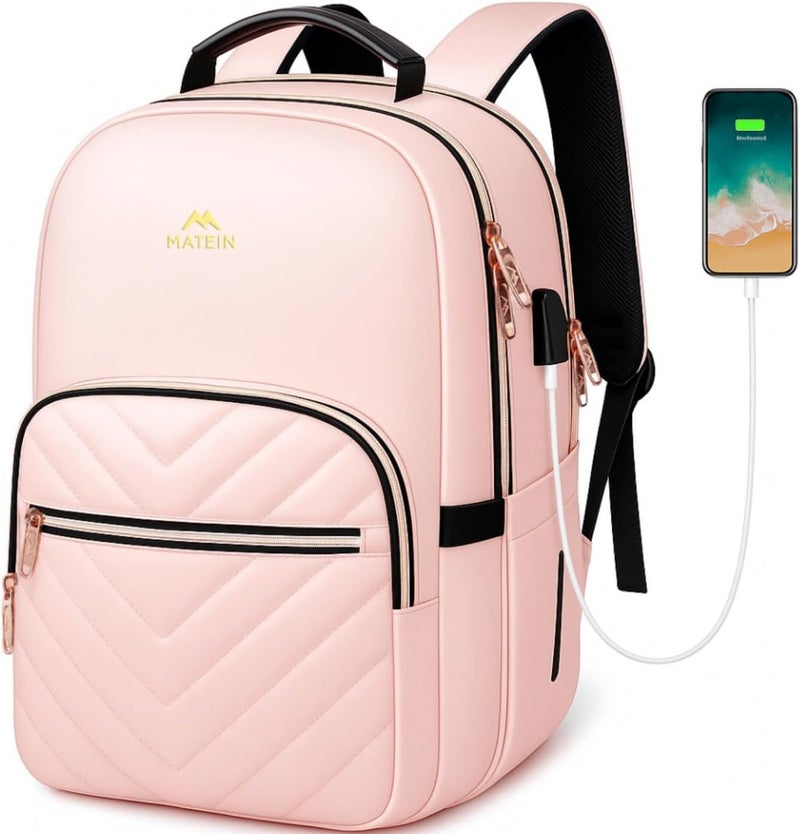 MATEIN College Backpack with Laptop Compartment, Water Resistant Girls Backpack with Usb Charging Port, Cute Bookbag with Multiple Compartments, 17 inch Quilted Casual Daypack for Women, Pink - Image 1