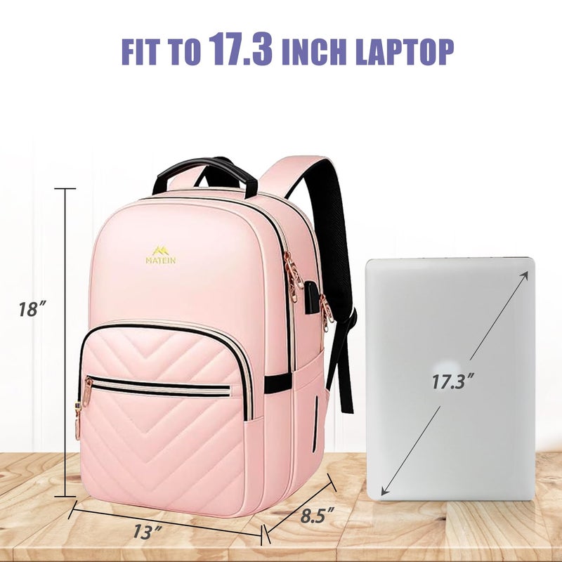 MATEIN College Backpack with Laptop Compartment, Water Resistant Girls Backpack with Usb Charging Port, Cute Bookbag with Multiple Compartments, 17 inch Quilted Casual Daypack for Women, Pink - Image 5
