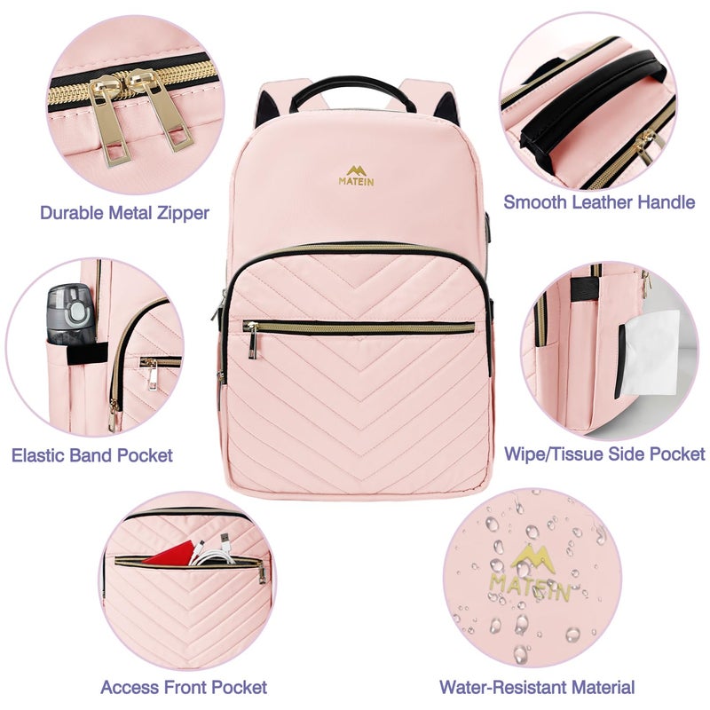 MATEIN College Backpack with Laptop Compartment, Water Resistant Girls Backpack with Usb Charging Port, Cute Bookbag with Multiple Compartments, 17 inch Quilted Casual Daypack for Women, Pink - Image 4