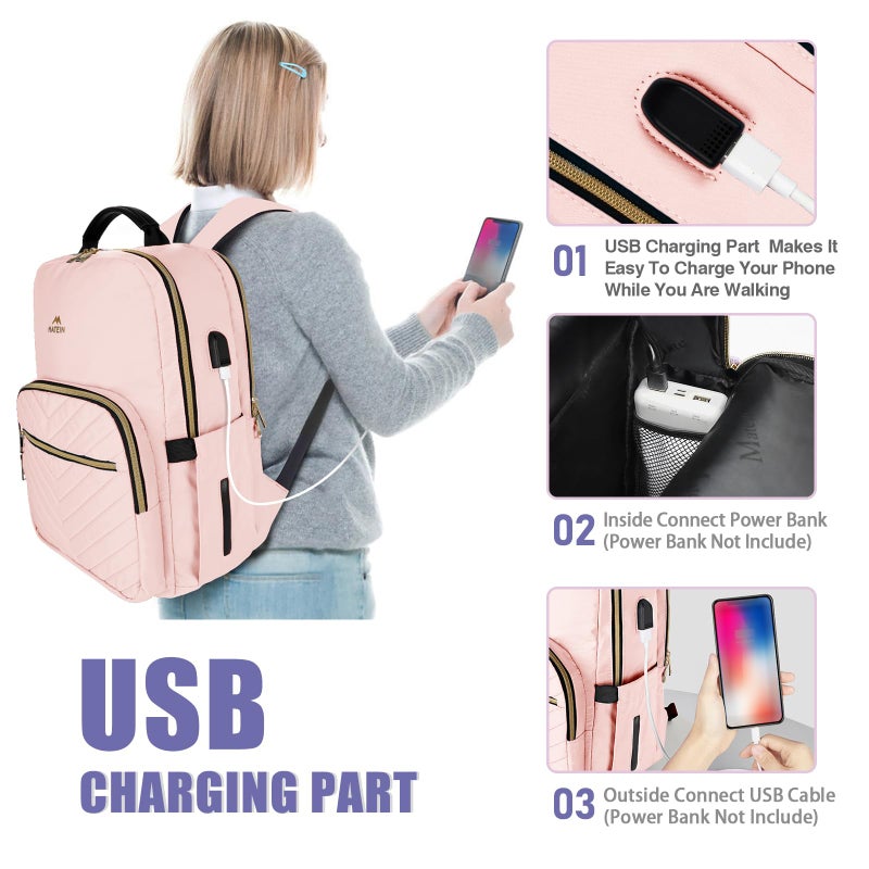MATEIN College Backpack with Laptop Compartment, Water Resistant Girls Backpack with Usb Charging Port, Cute Bookbag with Multiple Compartments, 17 inch Quilted Casual Daypack for Women, Pink - Image 3
