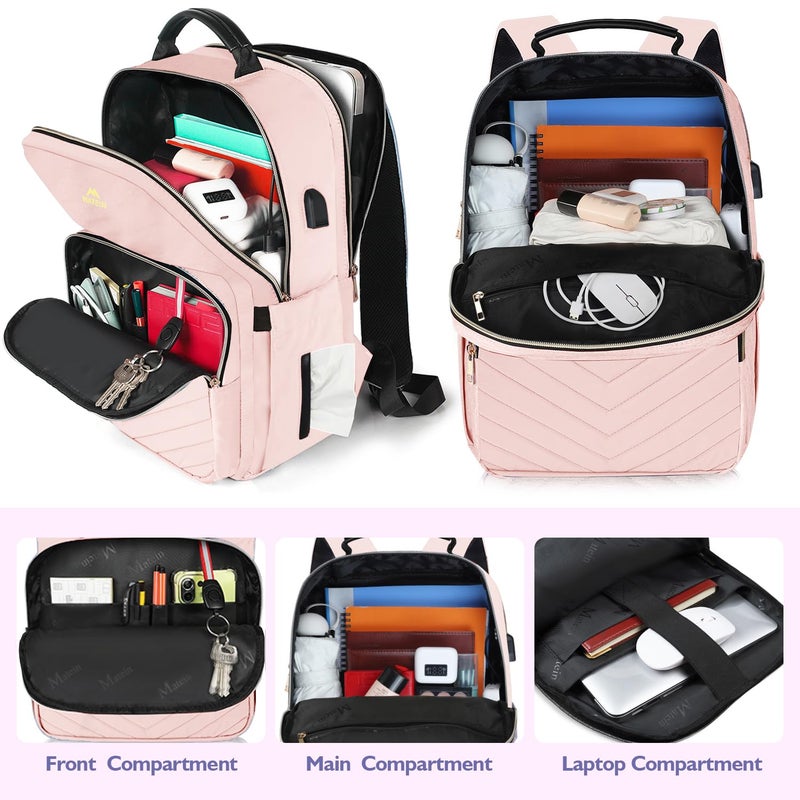 MATEIN College Backpack with Laptop Compartment, Water Resistant Girls Backpack with Usb Charging Port, Cute Bookbag with Multiple Compartments, 17 inch Quilted Casual Daypack for Women, Pink - Image 2
