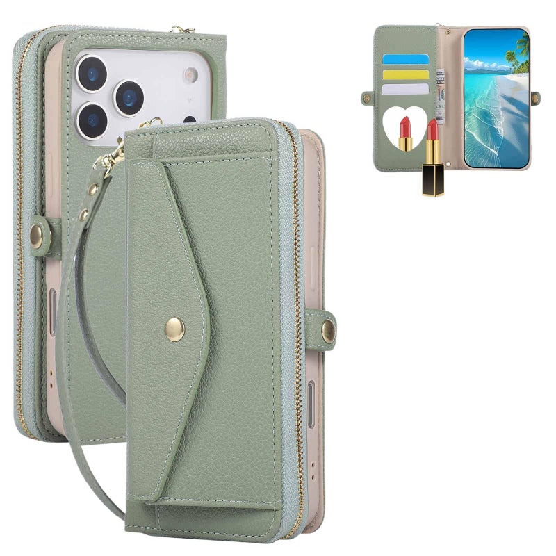 TPU Case for Redmi Note 13 Pro with Card Holder and Makeup Mirror and Crossbody Strap and Flip Leather Cover in Green finish - Image 1