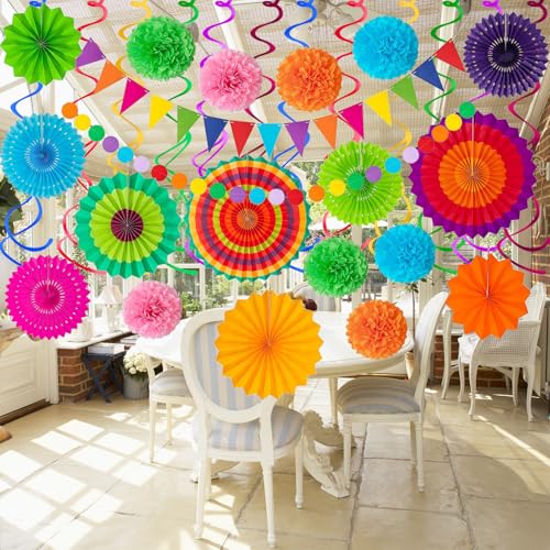 Labrostar 32Pcs Cinco De Mayo Decorations Fiesta Party Decorations Multi-Color Paper Fans Garlands Pennant Pom Poms Hanging Swirls For Birthday Wedding Rainbow Mexican Party - Image 2