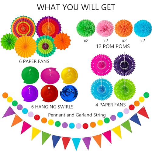 Labrostar 32Pcs Cinco De Mayo Decorations Fiesta Party Decorations Multi-Color Paper Fans Garlands Pennant Pom Poms Hanging Swirls For Birthday Wedding Rainbow Mexican Party - Image 3