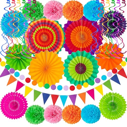Labrostar 32Pcs Cinco De Mayo Decorations Fiesta Party Decorations Multi-Color Paper Fans Garlands Pennant Pom Poms Hanging Swirls For Birthday Wedding Rainbow Mexican Party - Image 1