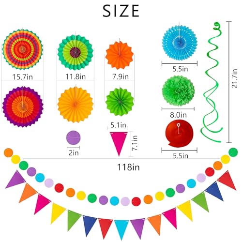 Labrostar 32Pcs Cinco De Mayo Decorations Fiesta Party Decorations Multi-Color Paper Fans Garlands Pennant Pom Poms Hanging Swirls For Birthday Wedding Rainbow Mexican Party - Image 4