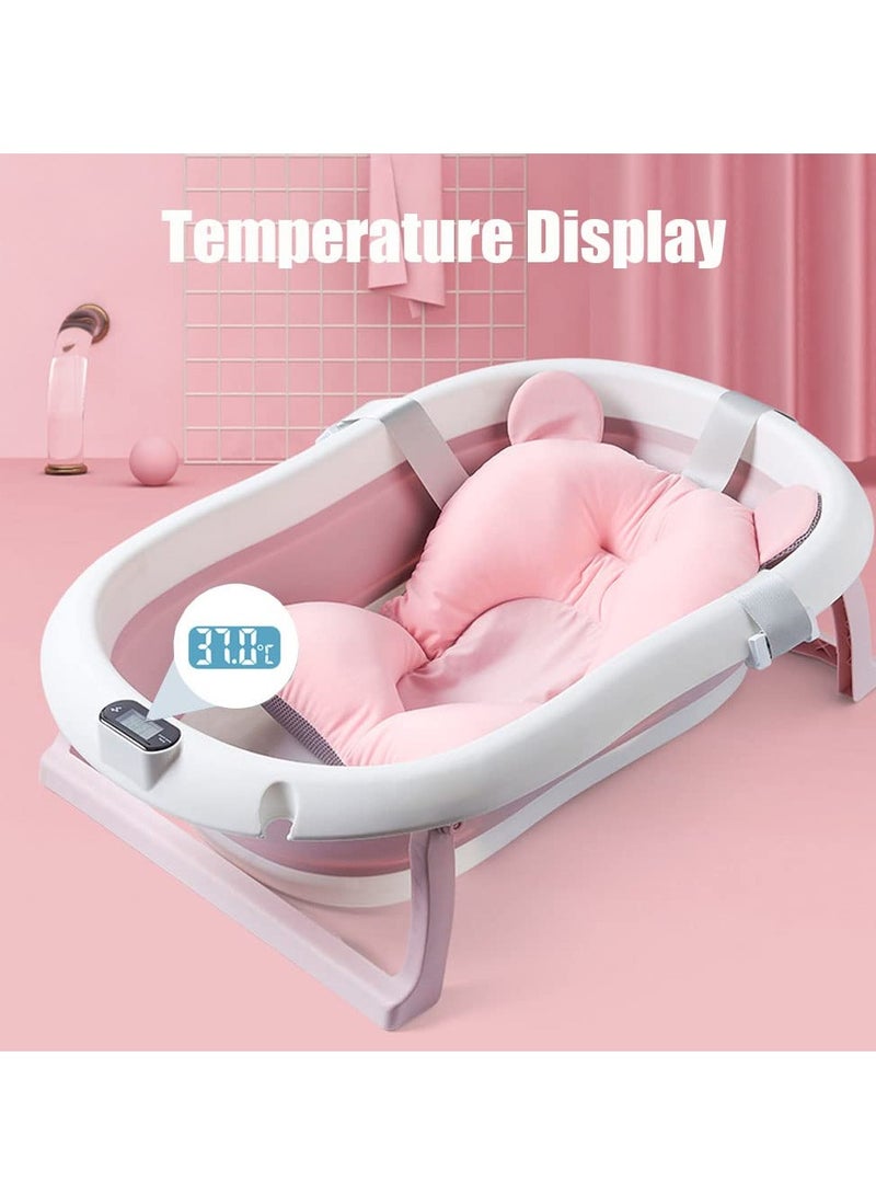 DMG TECH Baby Folding Bathtub Foldable Baby Bathtub with Temperature Sensing Portable Safe Shower Basin with Support Pad for Newborn Infant Toddler Sitting Lying Large Safe Bathtub Pink - Image 3