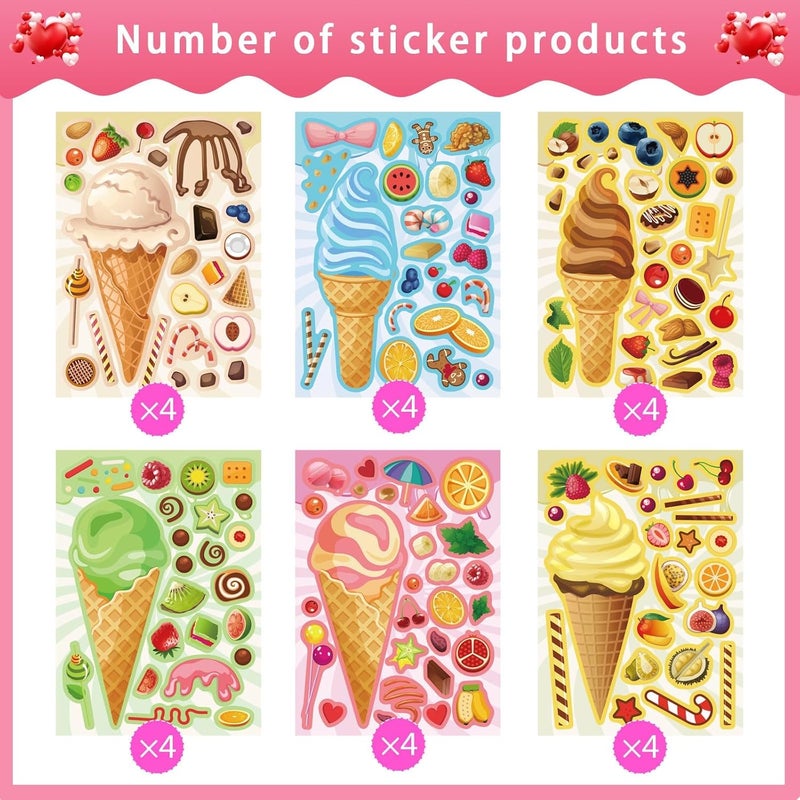 24 Sheets Ice Cream Stickers, Kids Stickers, Make-a-face Stickers for Kids Toddlers, Make Your Own Mix and Match Stickers, DIY Summer Ice Cream Stickers for Birthday Party Games Teacher Reaward - Image 4