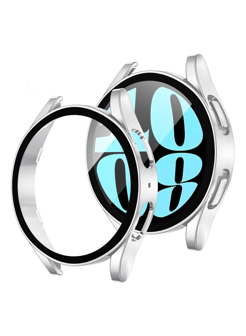 Glass Case Compatible with Samsung Galaxy Watch 6 44MM Smartwatch Case Accessories, All Around Hard PC Scratched Resistant Full Protective Cover for Samsung Galaxy Watch 6 44MM,Silver - Image 1
