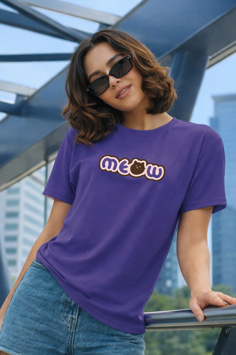 جونبيري JUNEBERRY® Women’s Regular Fit Pure Cotton Printed T-Shirt | Soft Fabric, Breathable Comfort | Round Neck, Half Sleeves, Round Neck (JB_55_Meow_FD_XL)