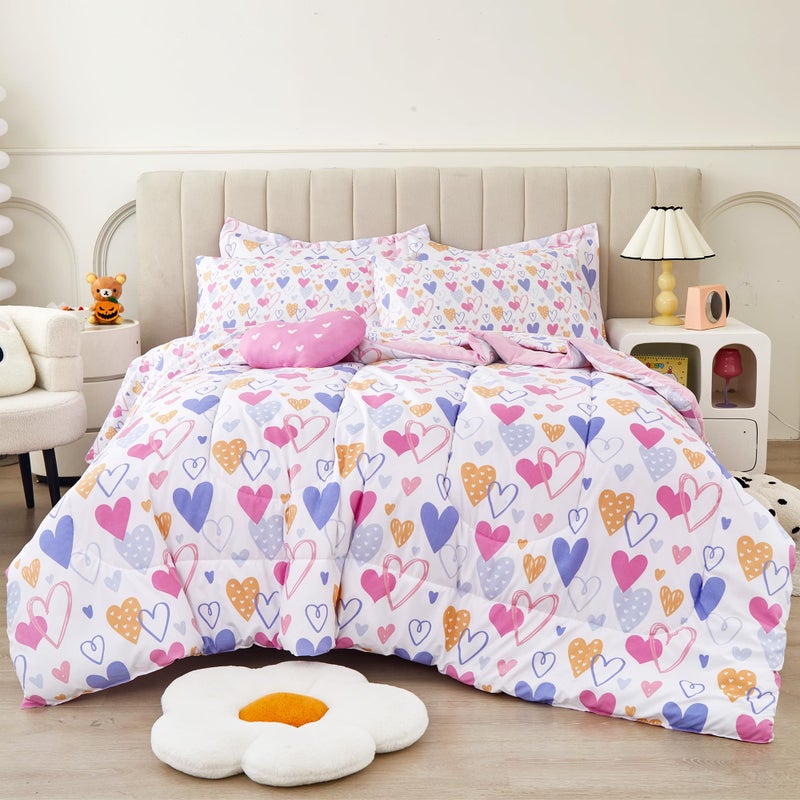 Mooreeke Twin Size Comforter Sets for Girls Kids, 6 Pieces Bed in a Bag Pink Heart Bedding Comforter Sheet Set with Shams and Decorative Toy Pillow, Ultral Soft Microfiber Kids Bed Set - Image 1