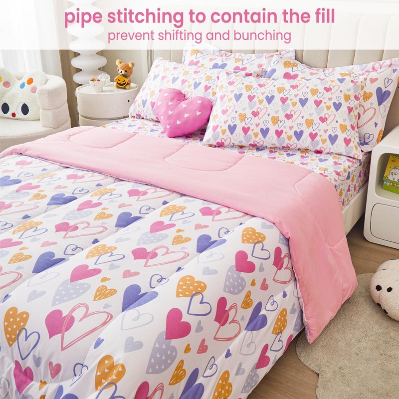 Mooreeke Twin Size Comforter Sets for Girls Kids, 6 Pieces Bed in a Bag Pink Heart Bedding Comforter Sheet Set with Shams and Decorative Toy Pillow, Ultral Soft Microfiber Kids Bed Set - Image 2