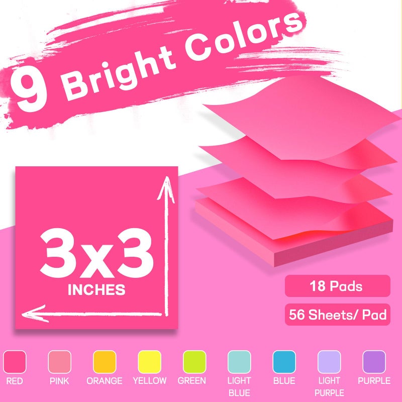 TKTB (18 Pads) Pop Up Sticky Notes 3x3 Refills, Strong Adhesive Memo Pad Bulk with 9 Bright Colors, Suitable for Home, Office, School, Clean Removal - Image 2