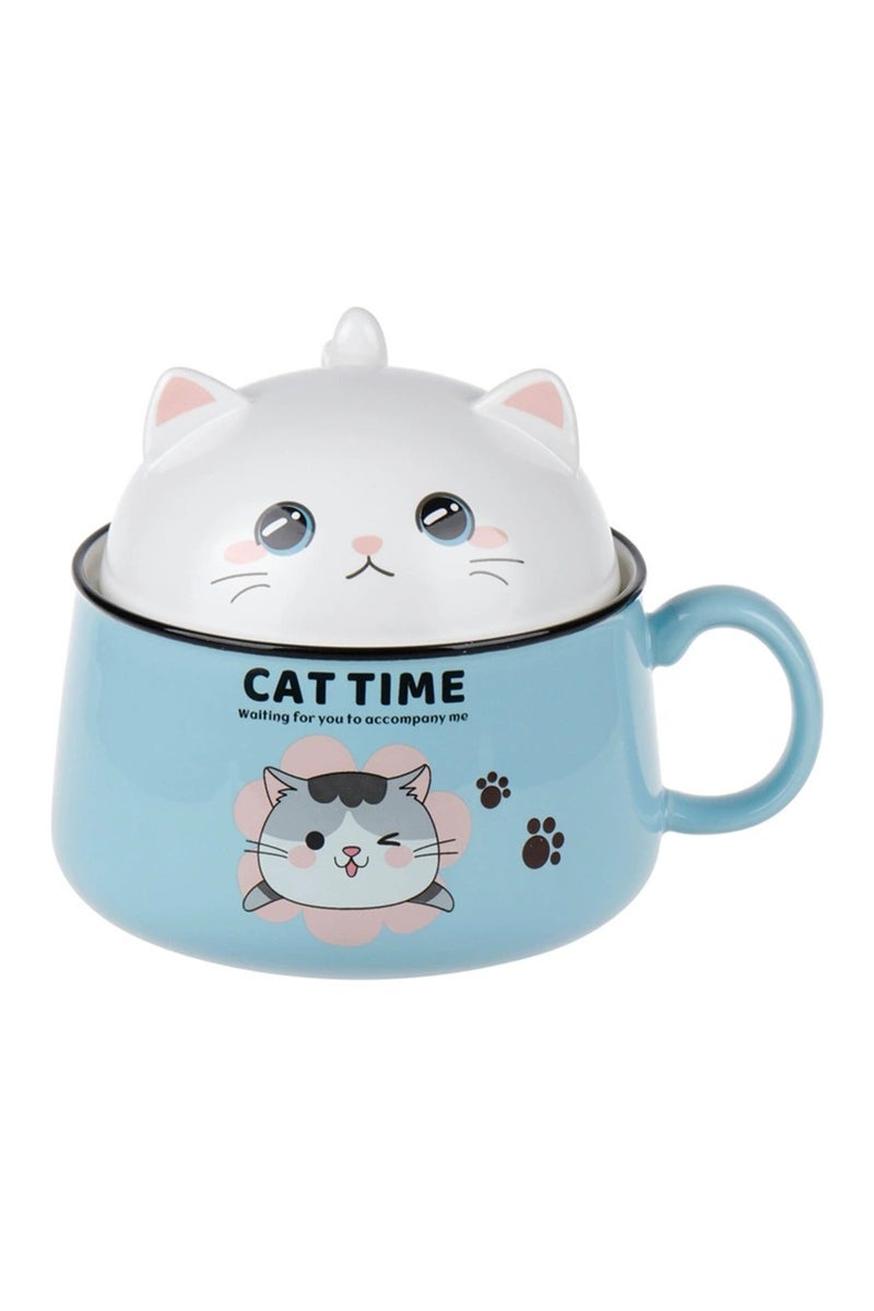 Hanghaijia Cute Cat Instant Ramen Noodle Bowls with Lid and Handle , Cleverly design a widely used 1020 milliliter oversized ceramic Microwave safe soup bowl  - Image 1