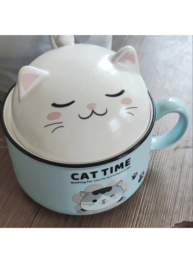 Hanghaijia Cute Cat Instant Ramen Noodle Bowls with Lid and Handle , Cleverly design a widely used 1020 milliliter oversized ceramic Microwave safe soup bowl  - Image 4