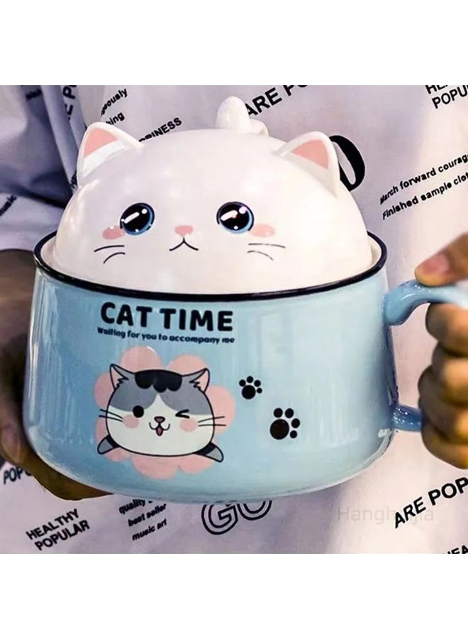 Hanghaijia Cute Cat Instant Ramen Noodle Bowls with Lid and Handle , Cleverly design a widely used 1020 milliliter oversized ceramic Microwave safe soup bowl  - Image 2