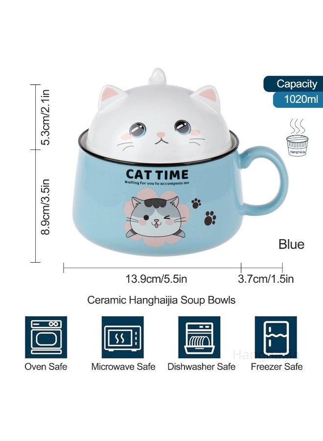 Hanghaijia Cute Cat Instant Ramen Noodle Bowls with Lid and Handle , Cleverly design a widely used 1020 milliliter oversized ceramic Microwave safe soup bowl  - Image 5