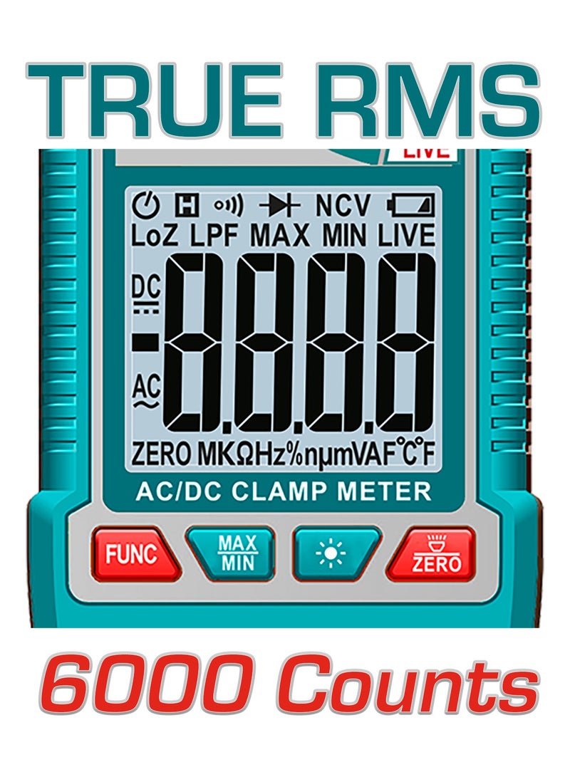 TOTAL True RMS 6000 Counts AC/DC Digital Clamp Meter - 600A Current, Inrush Current, LowZ, LPF VFD, Phase Sequence & Temperature with Hard Storage Case - TMT766002 - Image 2