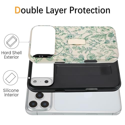 SOKAD Sage Flower Phone Case for iPhone 17 Pro Max with Finger Strap Kickstand, Vintage Green Flower Pattern for Girls Women, Glossy Shockproof Protective Cover - Image 3