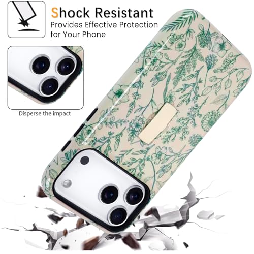 SOKAD Sage Flower Phone Case for iPhone 17 Pro Max with Finger Strap Kickstand, Vintage Green Flower Pattern for Girls Women, Glossy Shockproof Protective Cover - Image 4