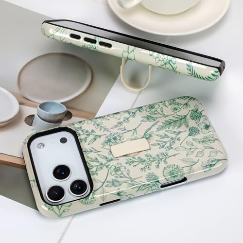 SOKAD Sage Flower Phone Case for iPhone 17 Pro Max with Finger Strap Kickstand, Vintage Green Flower Pattern for Girls Women, Glossy Shockproof Protective Cover - Image 5