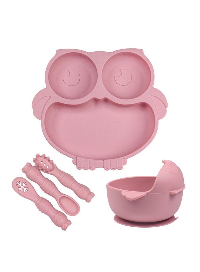 IDVVSSX Owl Shape Silicone Baby Feeding Set, Toddler Suction Plates and Bowls Set with Spoons, Kids Silicone Dinnerware Set Eating Utensils, Pink - Image 1