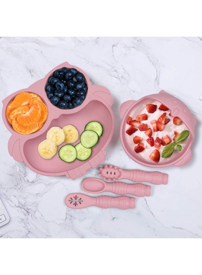 IDVVSSX Owl Shape Silicone Baby Feeding Set, Toddler Suction Plates and Bowls Set with Spoons, Kids Silicone Dinnerware Set Eating Utensils, Pink - Image 5