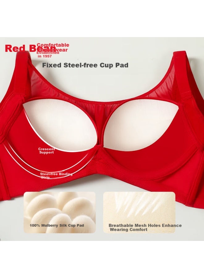 hongdou Red Bean Baby Cotton 100% Mulberry Silk Lining Crescent Support Side Collection Care Wire-free Bra - Image 2