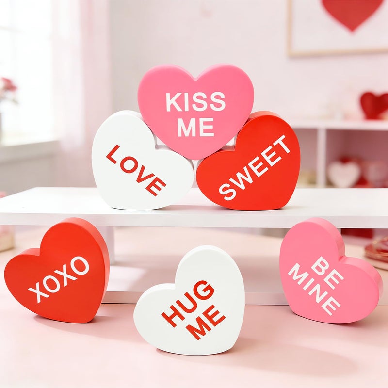 Leetous Valentines Day Decorations 6 Pcs  Wooden Conversation Heart Decor For Home Table Red White Pink Candy Heart Signs Centerpiece For Indoor Office Tiered Tray Fireplace Valentine Gift For Couples Wedding - Image 1
