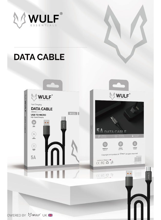 كابل بيانات وولف W125 للشحن السريع - USB إلى مايكرو | سرعة عالية 5 أمبير | سلك مضفر متين بطول مترين
